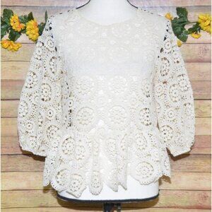 Justfab Ladies S Cream Crochet 3/4 Puff Sleeve Top Cottage Granny Core Boho